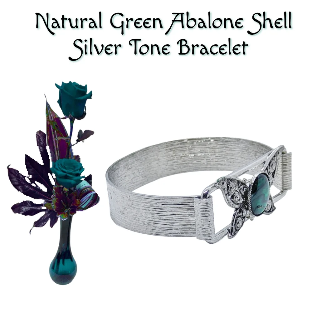 Natural Green Abalone Shell Silver Tone Bracelet